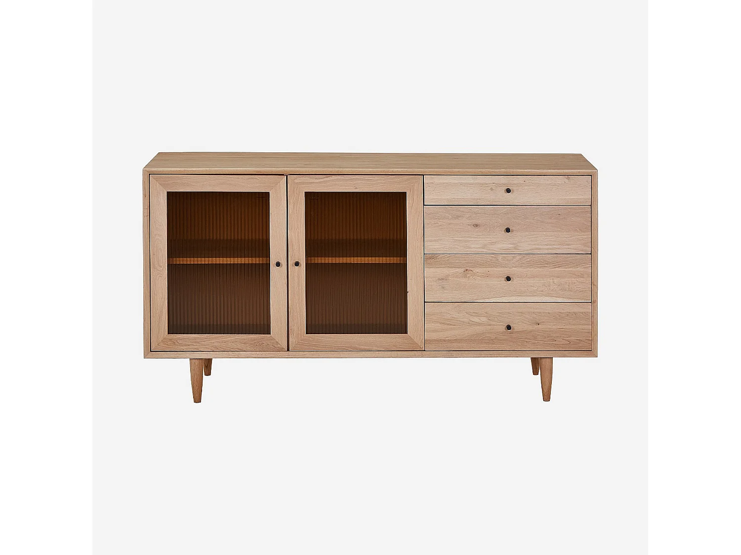 Buffet bas 2 portes en verre et 4 tiroirs en chêne massif - Naturel