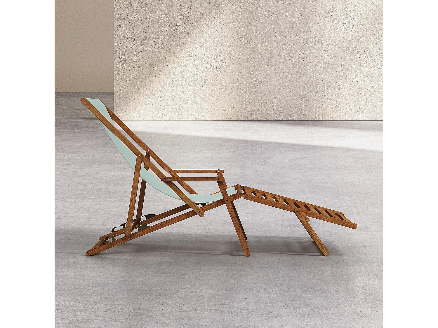 Chilienne en chêne avec accoudoirs et toile en coton avec repose-pieds - Vert céladon