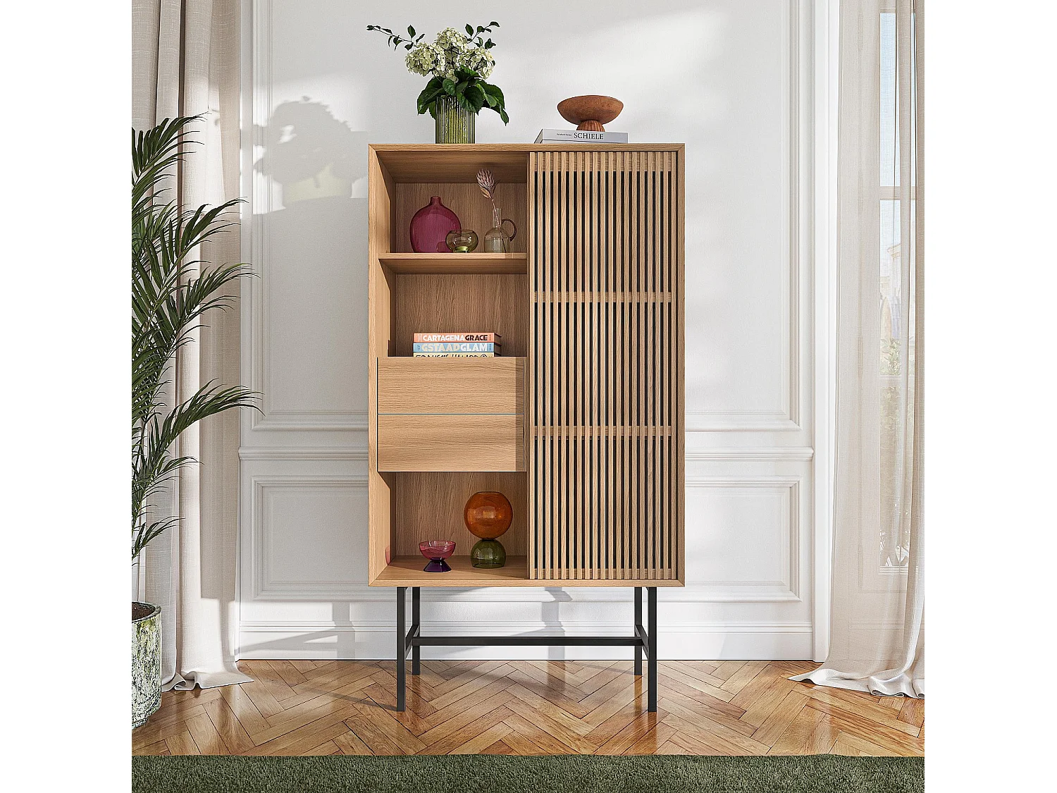 Habitat - Buffet haut 1 porte et 2 tiroirs en chêne - Naturel - Design by Céline Mognon Fichet - Elya