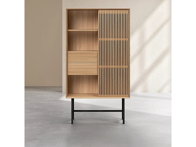 Habitat - Buffet haut 1 porte et 2 tiroirs en chêne - Naturel - Design by Céline Mognon Fichet - Elya