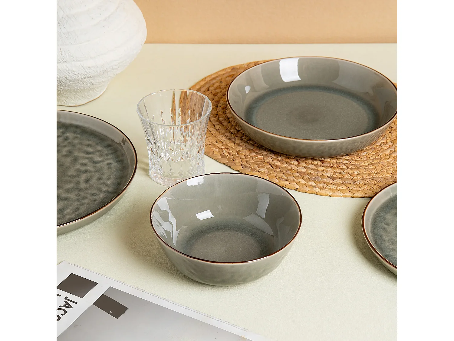 Lot de 6 bols en grès à émail réactif - Vert fumé