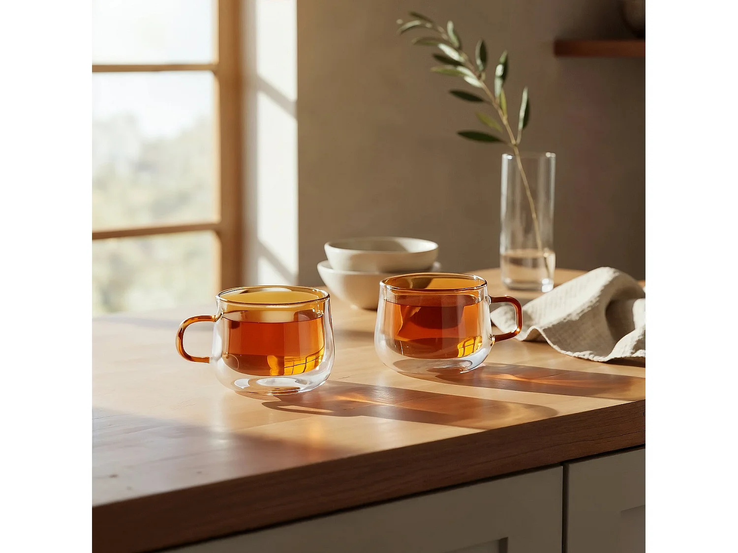 Lot de 2 tasses double paroi en verre avec anse - 22 cl - Orange