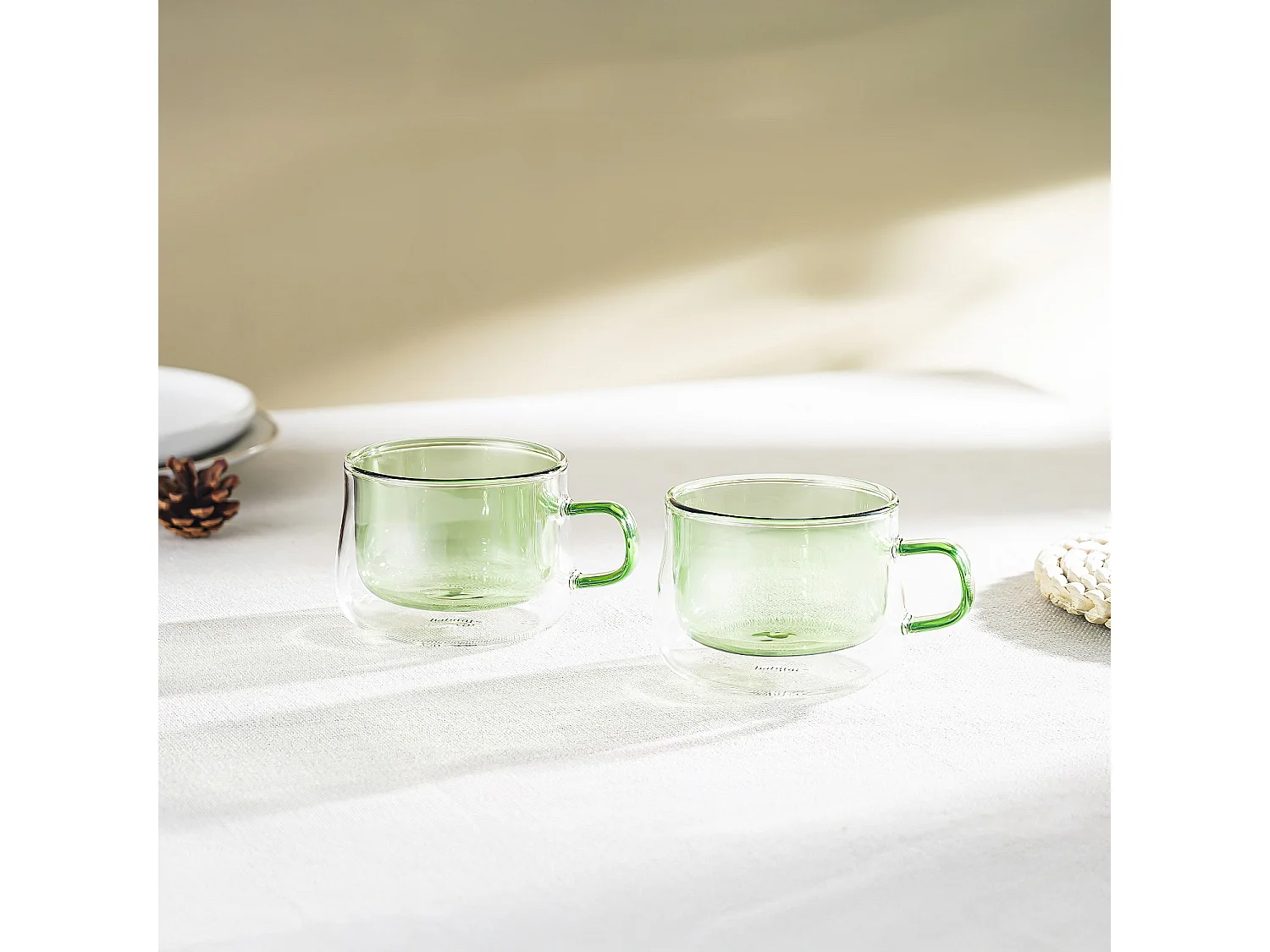 Lot de 2 tasses double paroi en verre avec anse - 22 cl - Vert