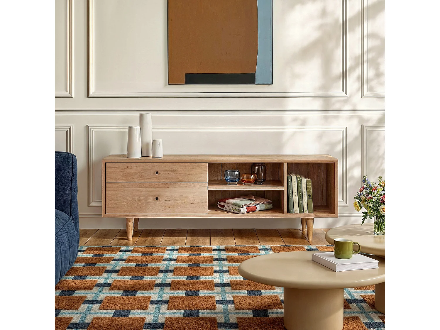 Habitat - Meuble TV 2 tiroirs en chêne massif - Naturel - Eugenie