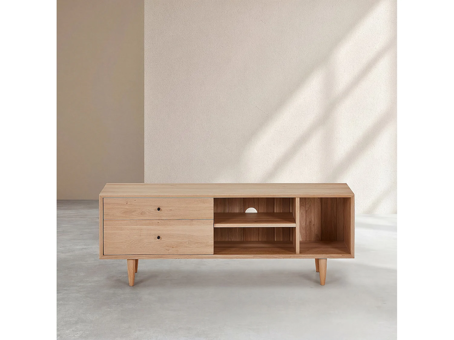 Habitat - Meuble TV 2 tiroirs en chêne massif - Naturel - Eugenie