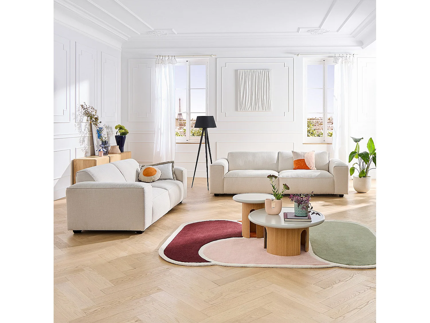 Ensemble de canapés 3 et 4 places en tissu bouclette courte Mira - Ivoire