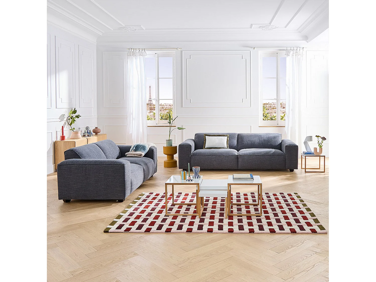 Ensemble de canapés 3 et 4 places en tissu bouclette courte Mira - Bleu denim