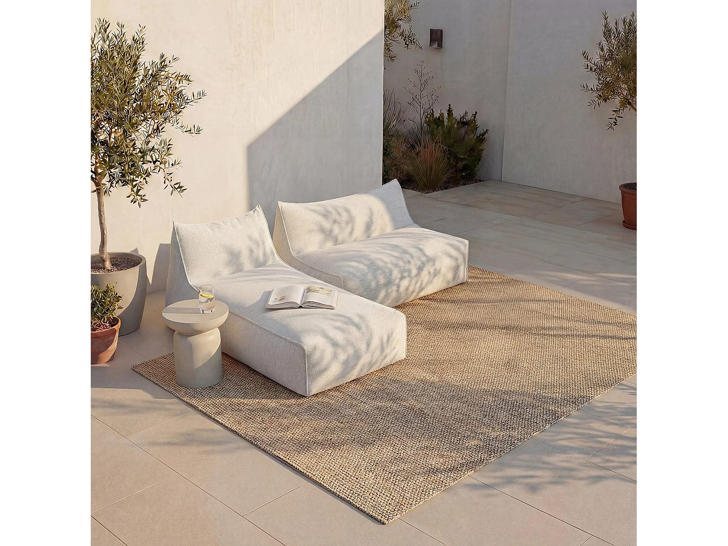 Canapé de jardin 2 places en tissu déperlant - Crème