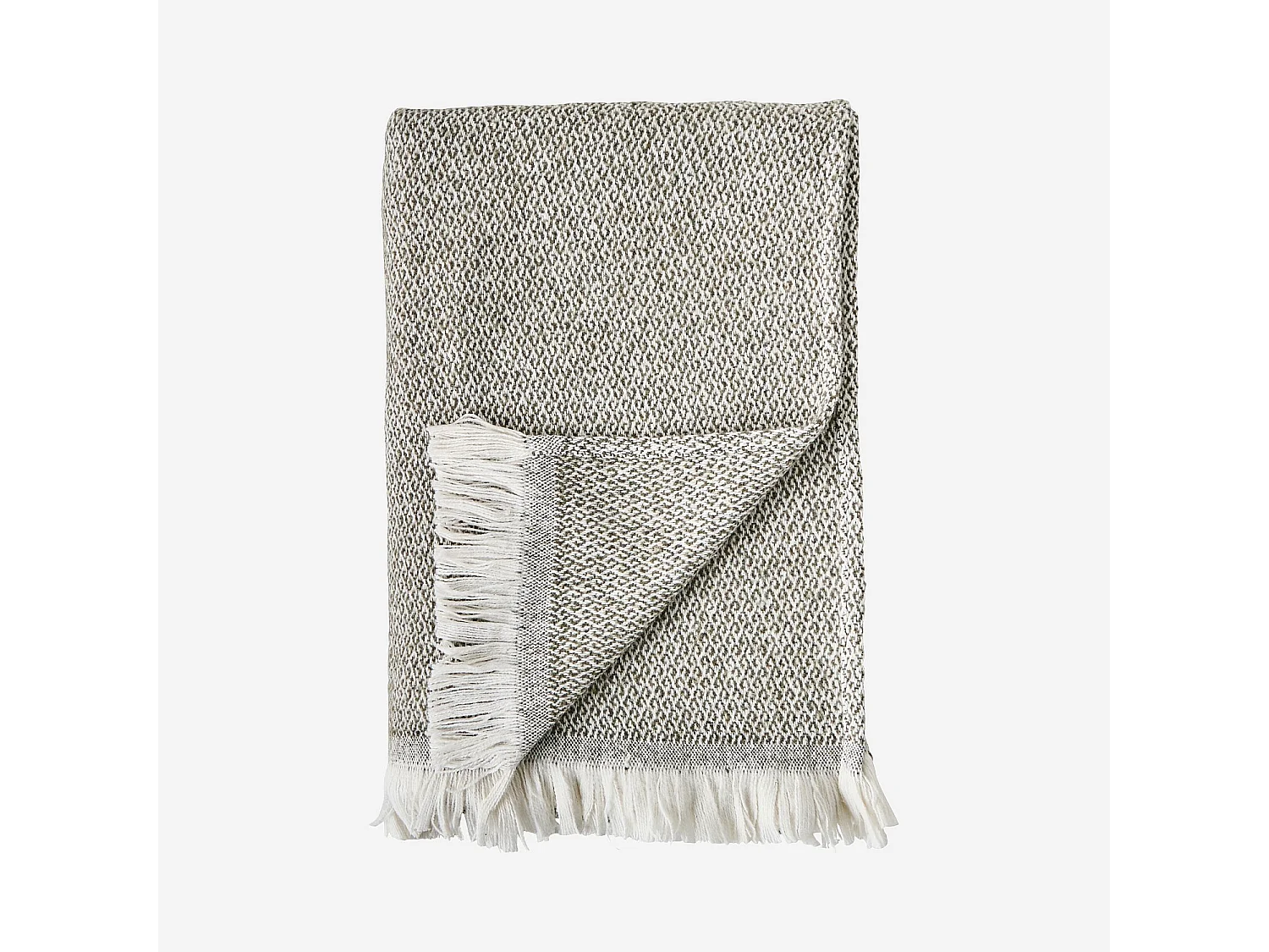Plaid à franges en coton et laine recyclés - 120 x 180 cm - Vert Kaki