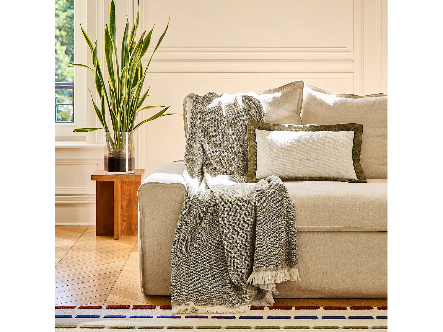 Plaid à franges en coton et laine recyclés - 120 x 180 cm - Vert Kaki