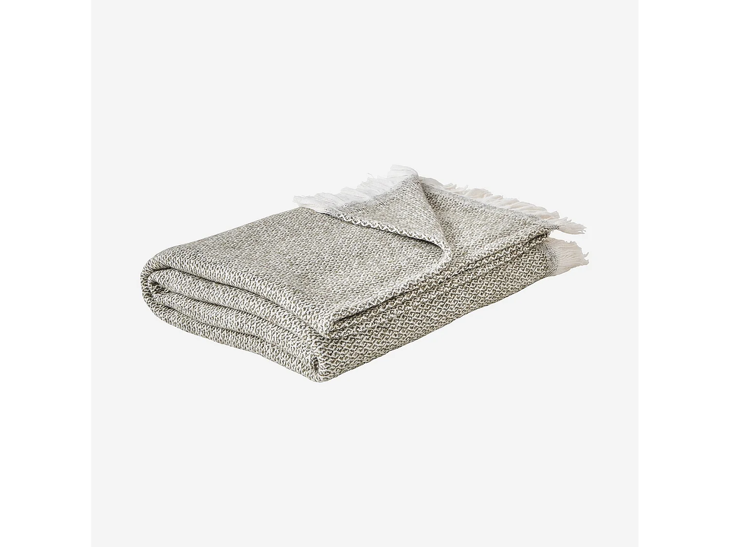 Plaid à franges en coton et laine recyclés - 120 x 180 cm - Vert Kaki