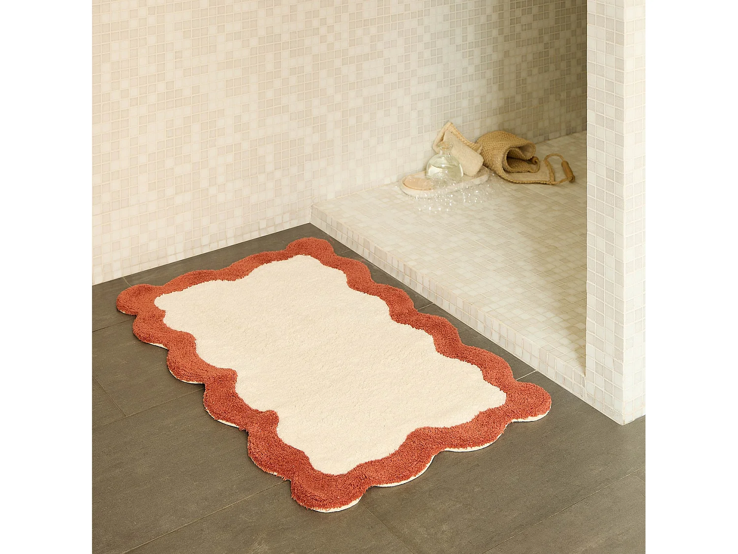 Tapis de bain festonné en coton naturel - 1200 g/m² - 50 x 80 cm - Terracotta