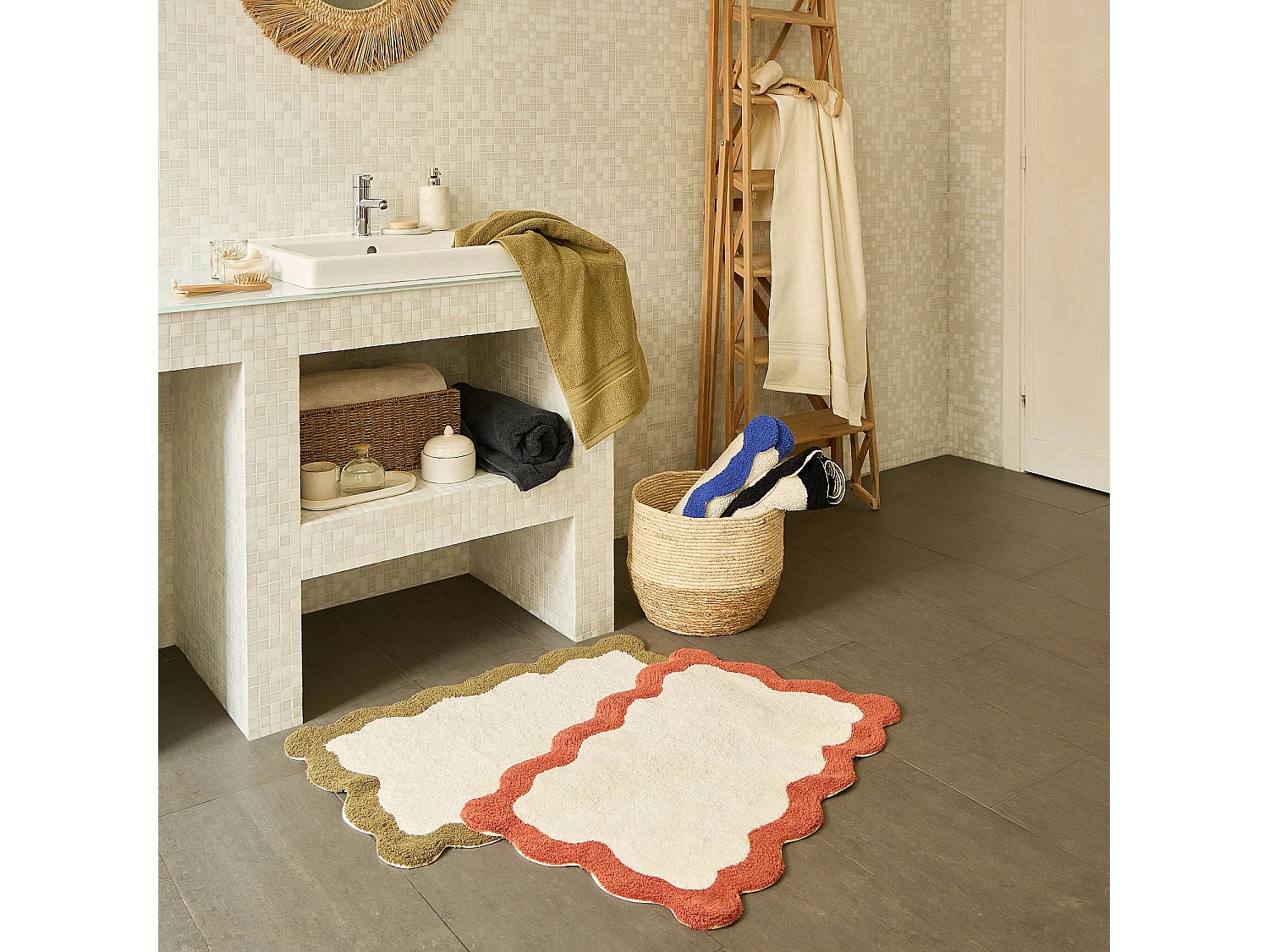 Tapis de bain festonné en coton naturel - 1200 g/m² - 50 x 80 cm - Bronze