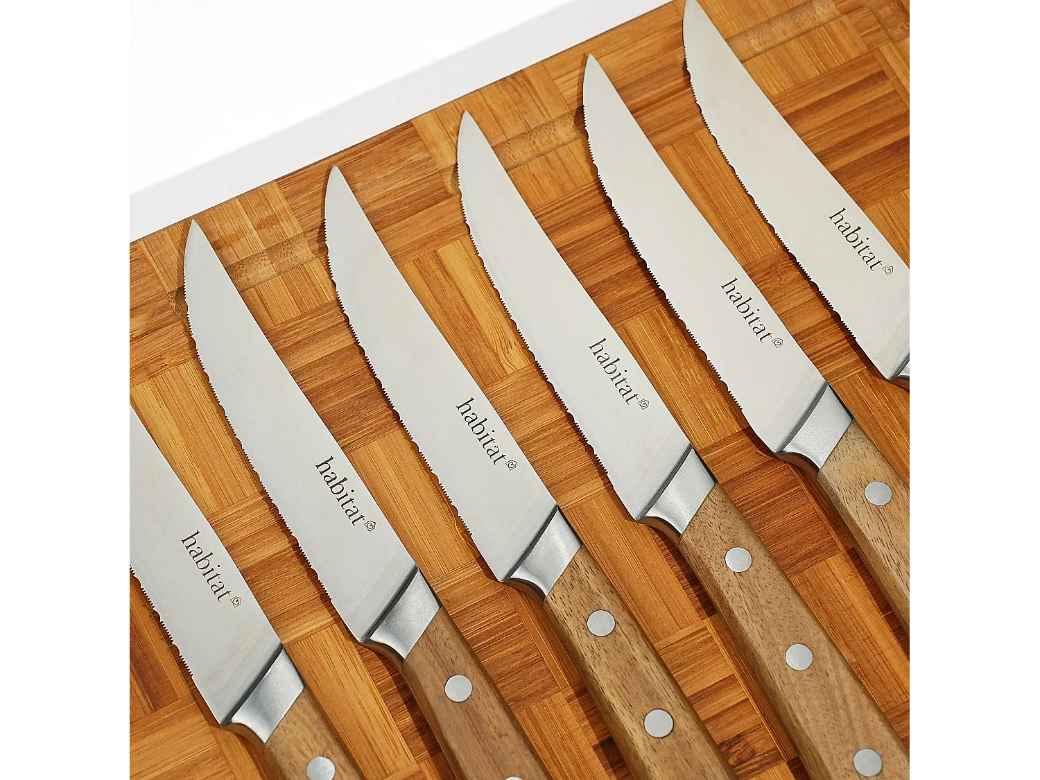 Lot de 6 couteaux à steak en acier inoxydable et bois d'acacia - 22 cm - Naturel