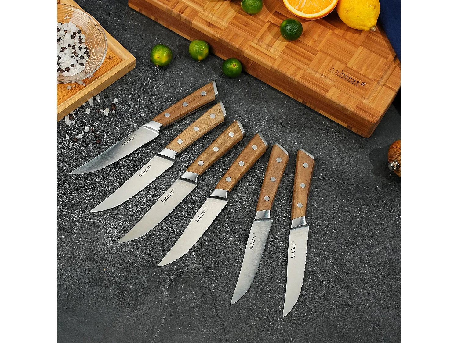 Lot de 6 couteaux à steak en acier inoxydable et bois d'acacia - 22 cm - Naturel