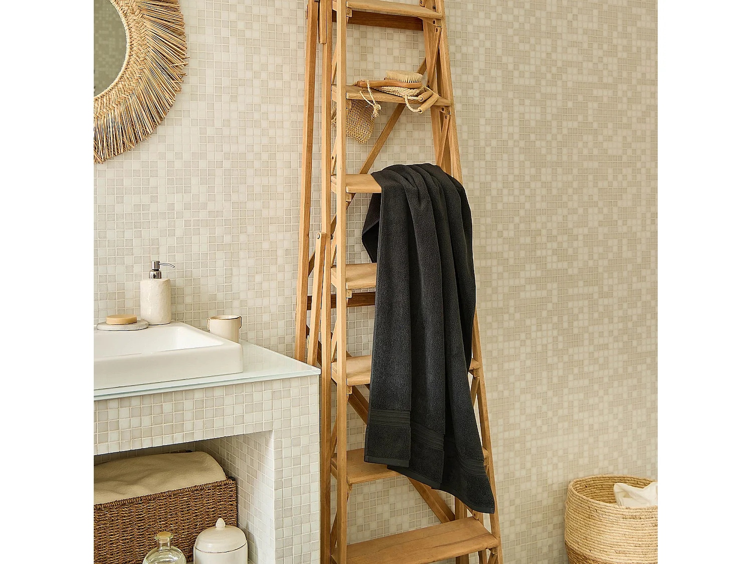 Habitat - Serviette de bain en coton naturel - 650 g/m² - 70 x 140 cm - Noir - Nahia