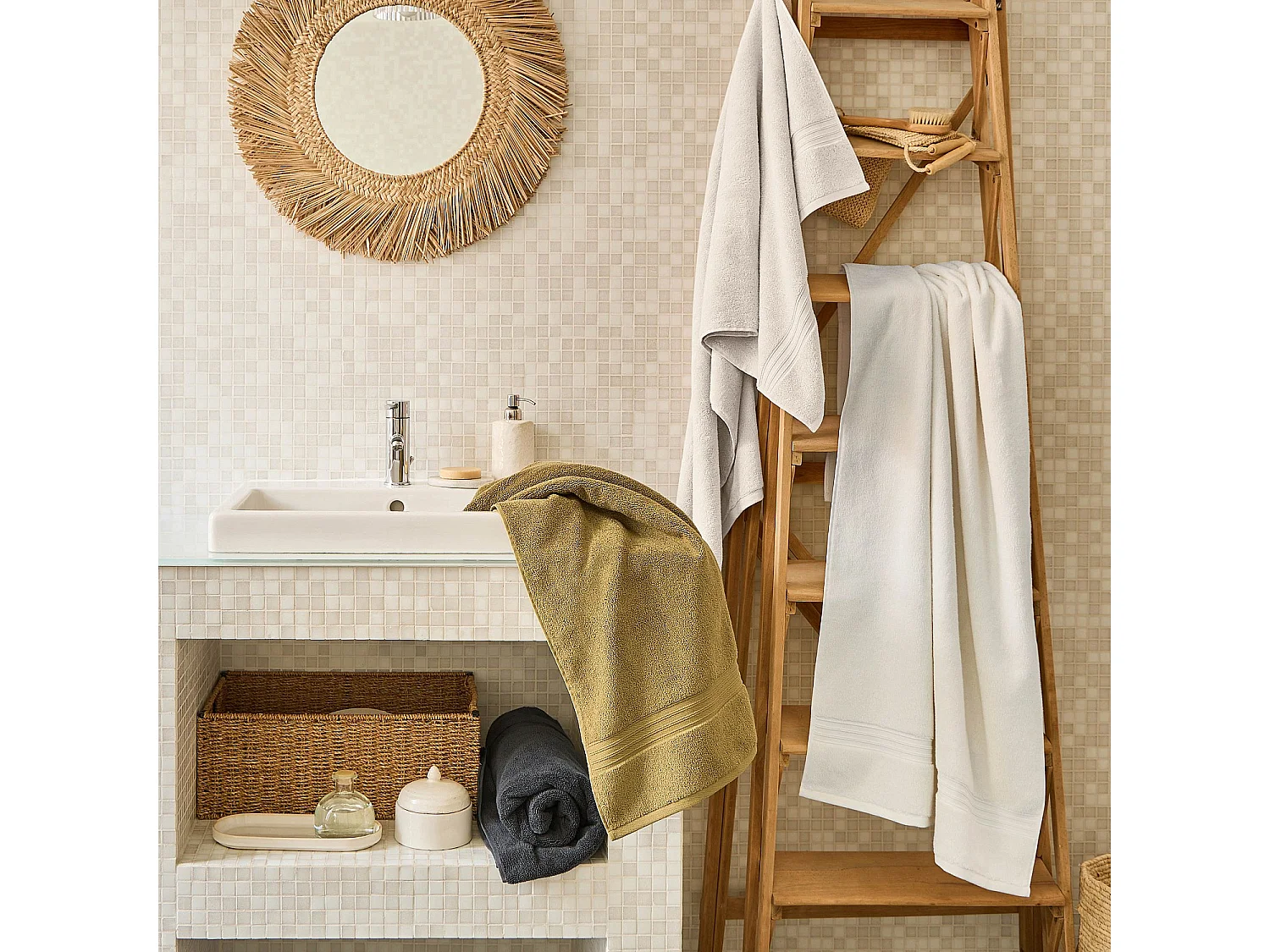 Serviette de bain en coton naturel - 650 g/m² - 100 x 150 cm - Blanc