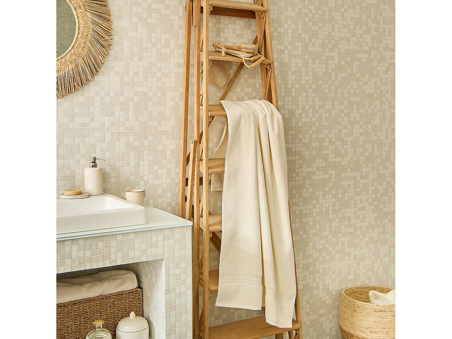 Serviette de bain en coton naturel - 650 g/m² - 100 x 150 cm - Blanc