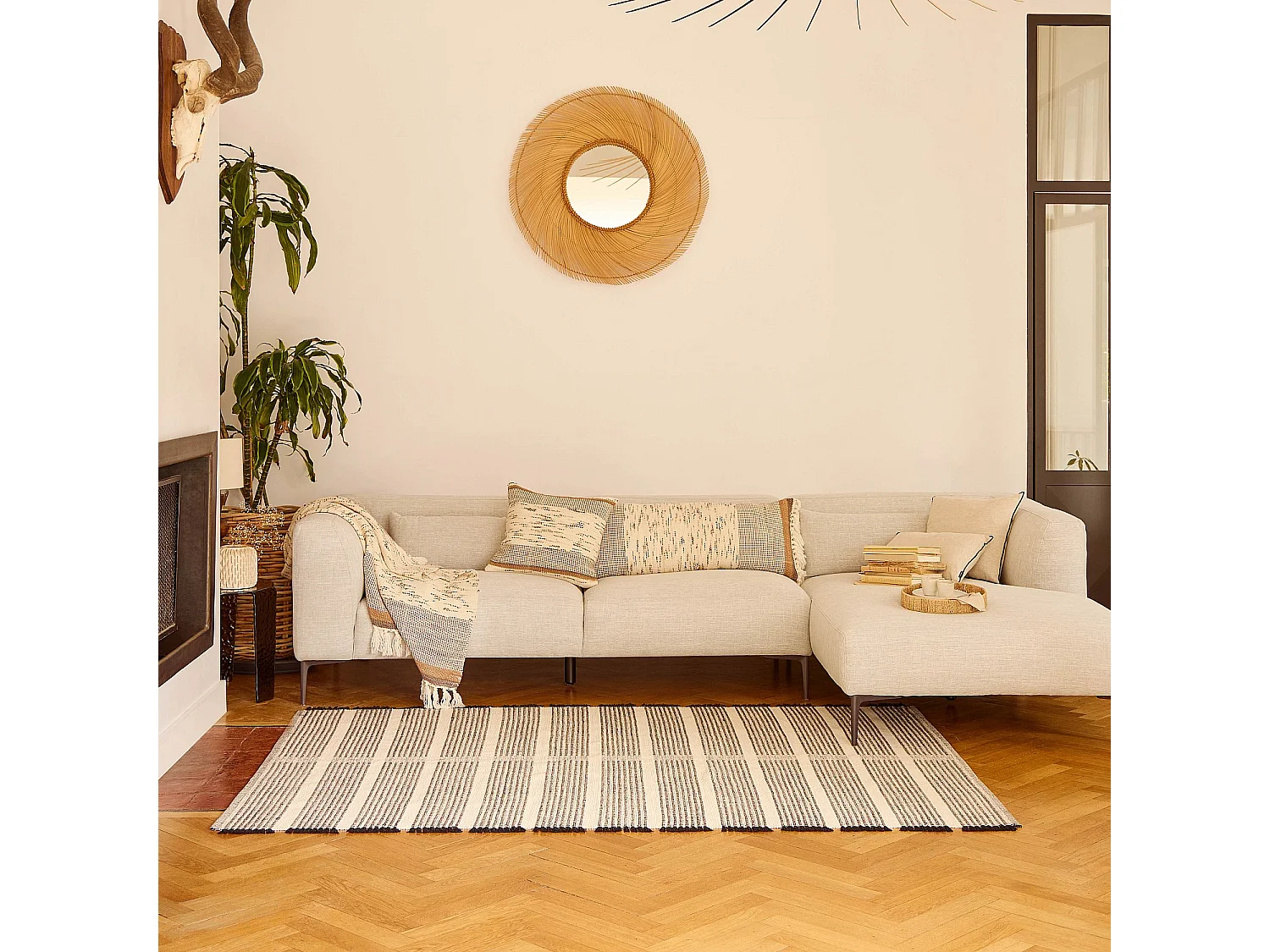 Habitat - Tapis tissé en coton recyclé - 160 x 230 cm - Motifs à rayures - Noir - Clarence