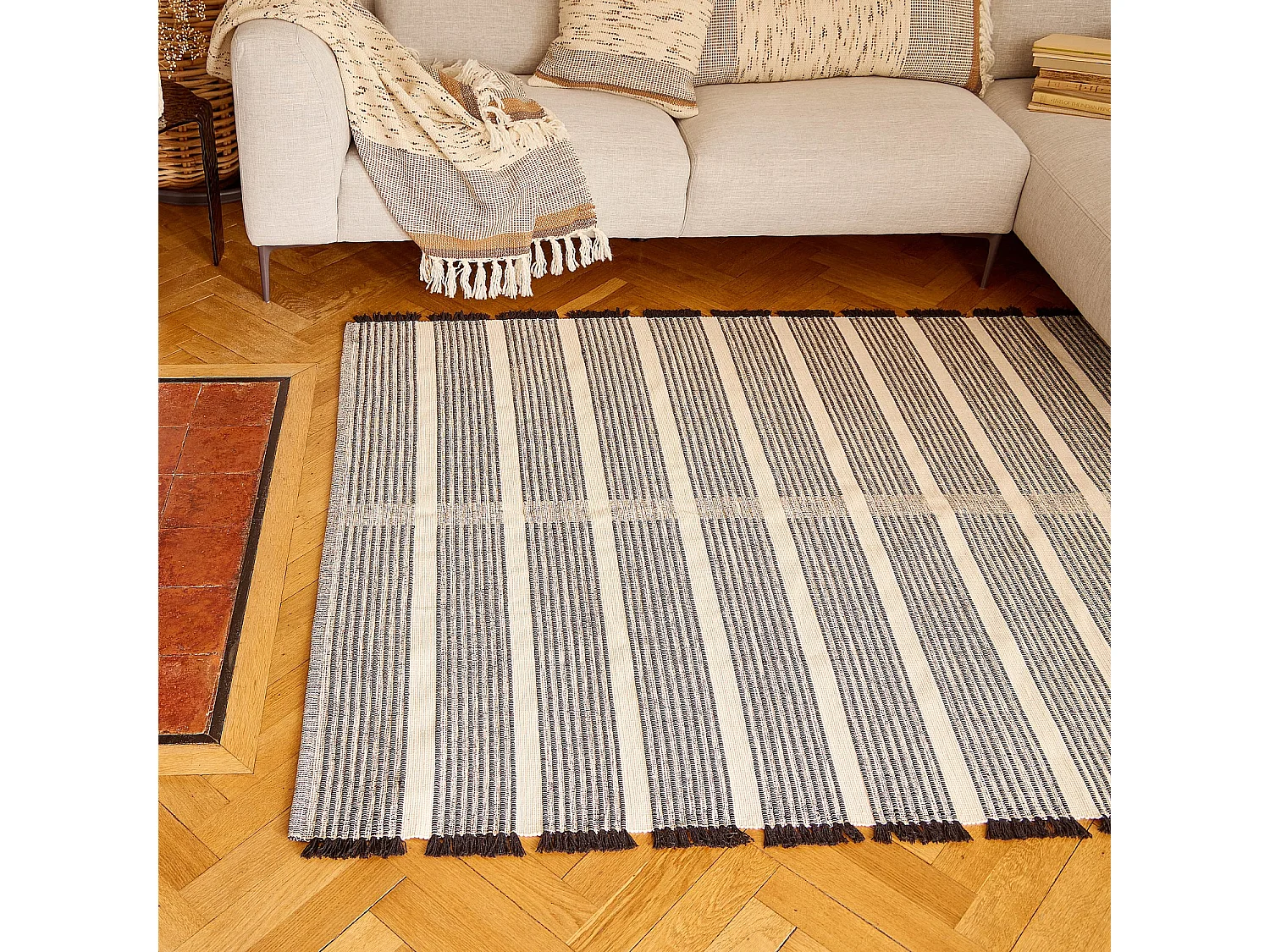 Habitat - Tapis tissé en coton recyclé - 160 x 230 cm - Motifs à rayures - Noir - Clarence