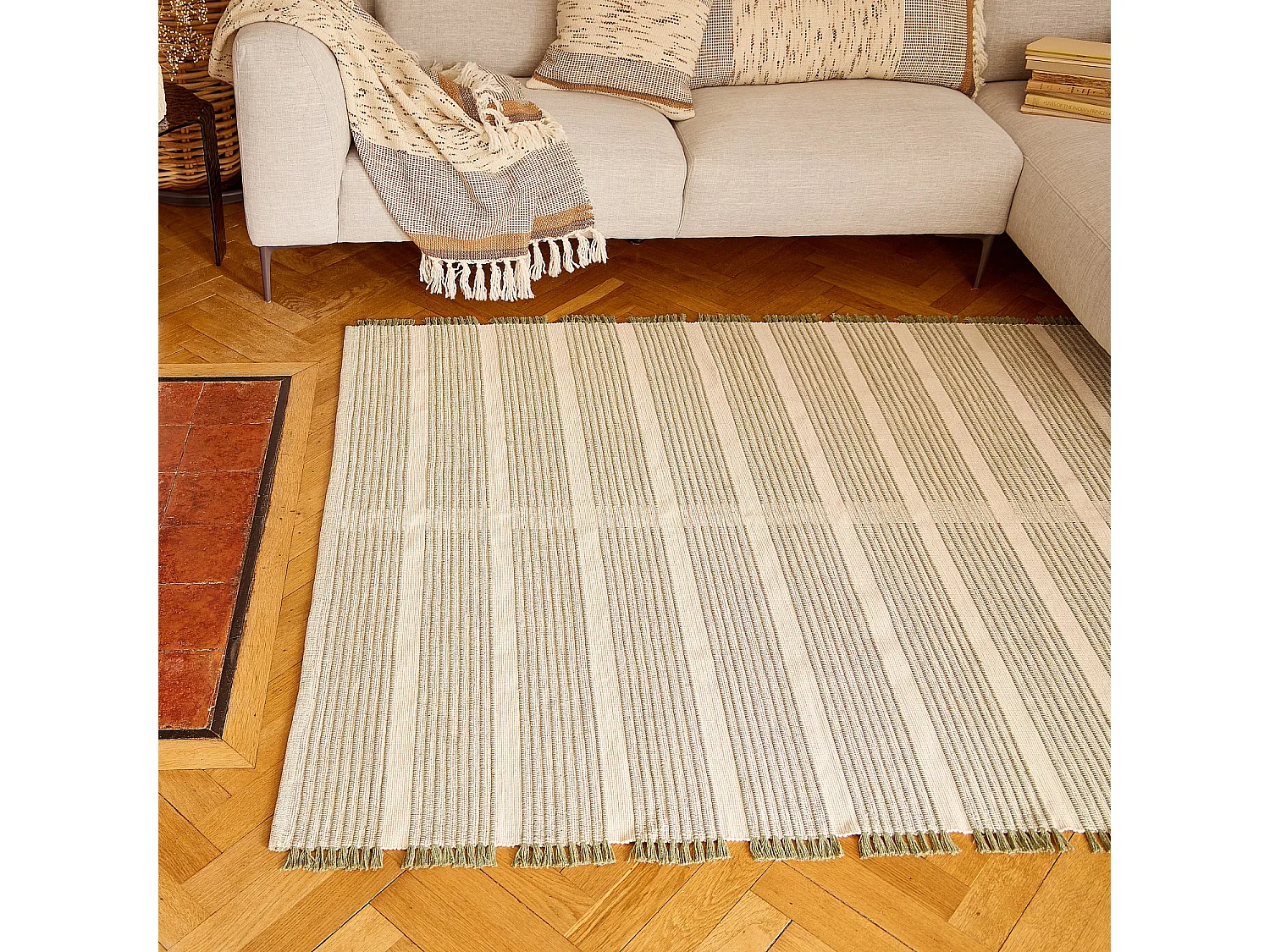 Habitat - Tapis tissé en coton recyclé - 160 x 230 cm - Motifs à rayures - Anis - Clarence