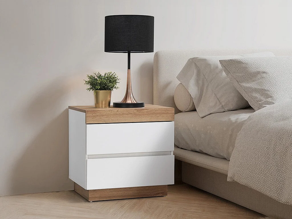 Lot de 2 tables de chevet - 2 tiroirs - Blanc et naturel - RENIRI