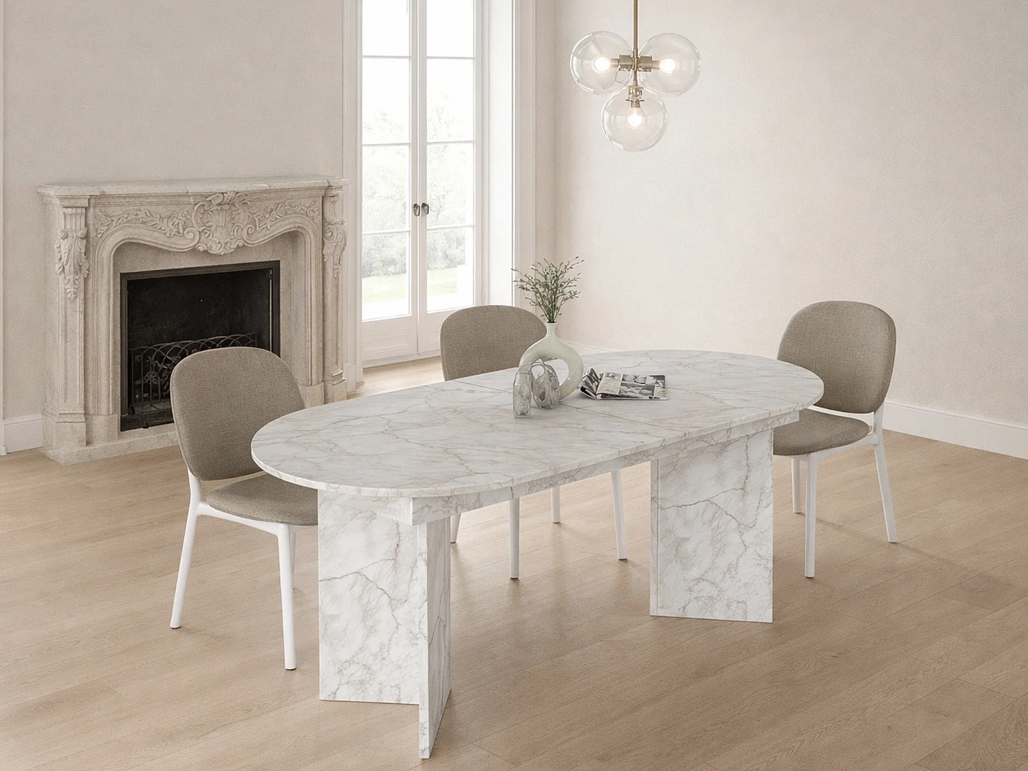 Table à manger extensible 6 à 10 personnes - Effet marbre blanc - TOPANIA