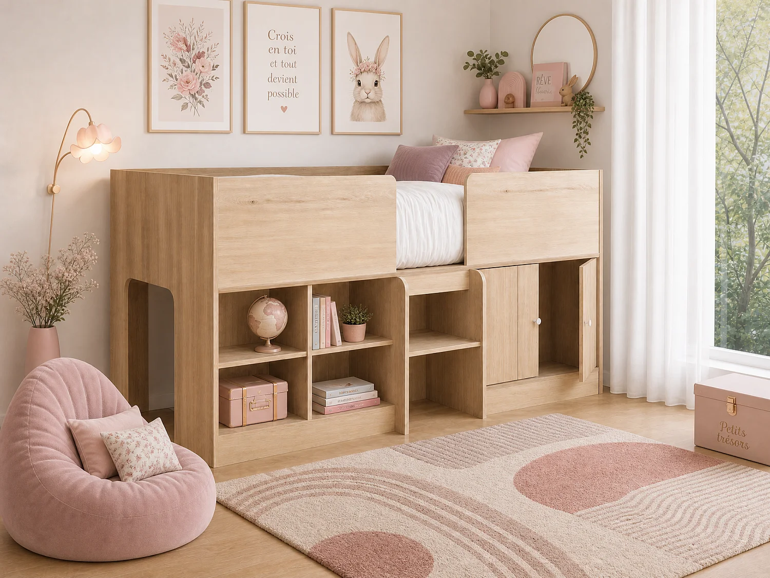 Lit mi-hauteur 90 x 190 cm avec rangements – Coloris : Naturel - BOUTANIO