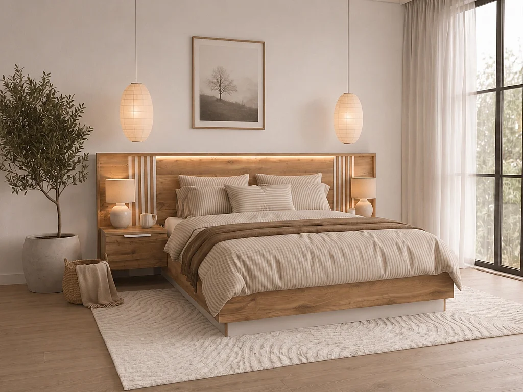 Lit avec chevets 160 x 200 cm – Avec LEDs – Coloris : Naturel et blanc - NELTORA
