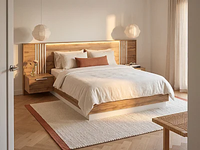 Lit avec chevets 160 x 200 cm – Avec LEDs – Coloris : Naturel et blanc - NELTORA