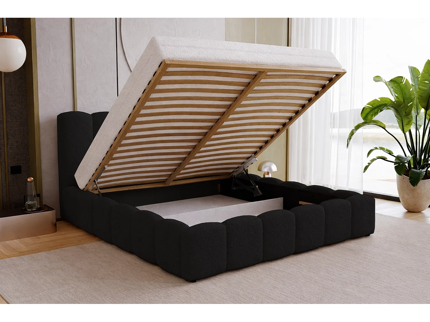 Polsterbett 180x200 Florent mit Bettkasten - Bouclé, Lattenrost, Schwarz (Lambi 13)