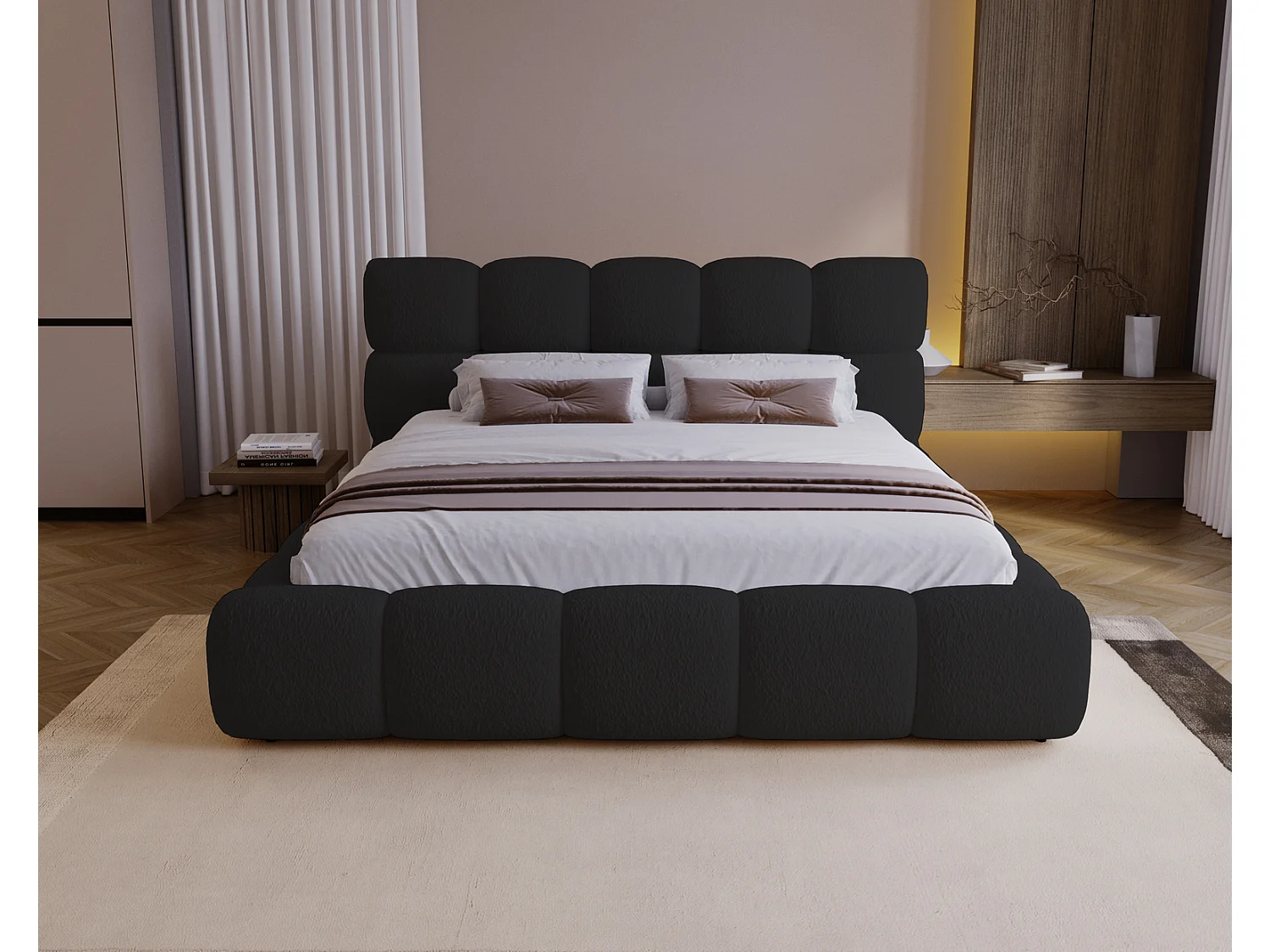 Polsterbett mit Bettkasten 140x200 Lucca - Stoff Bouclé, Lattenrost, Schwarz (Lambi 13)