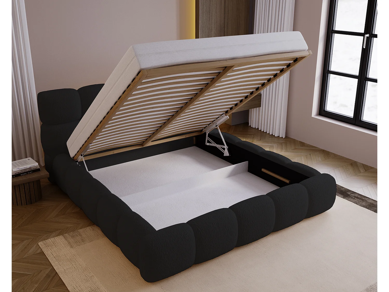 Polsterbett mit Bettkasten 140x200 Lucca - Stoff Bouclé, Lattenrost, Schwarz (Lambi 13)