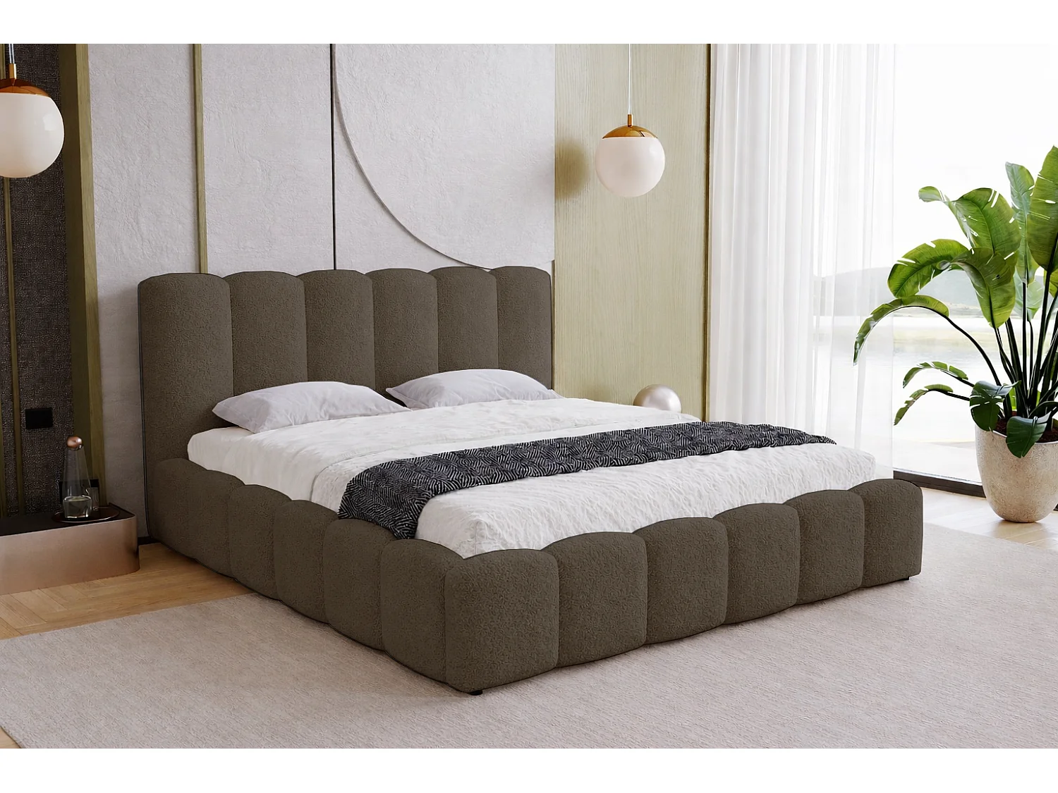 Polsterbett 160x200 Florent mit Bettkasten - Bouclé, Lattenrost, Braun (Lambi 4)