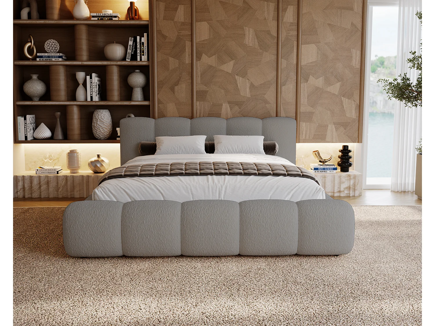 Polsterbett bouclé 200x200 Ravello - Doppelbett mit Bettkasten, Metall Lattenrost - Hellgrau (Lambi 11)