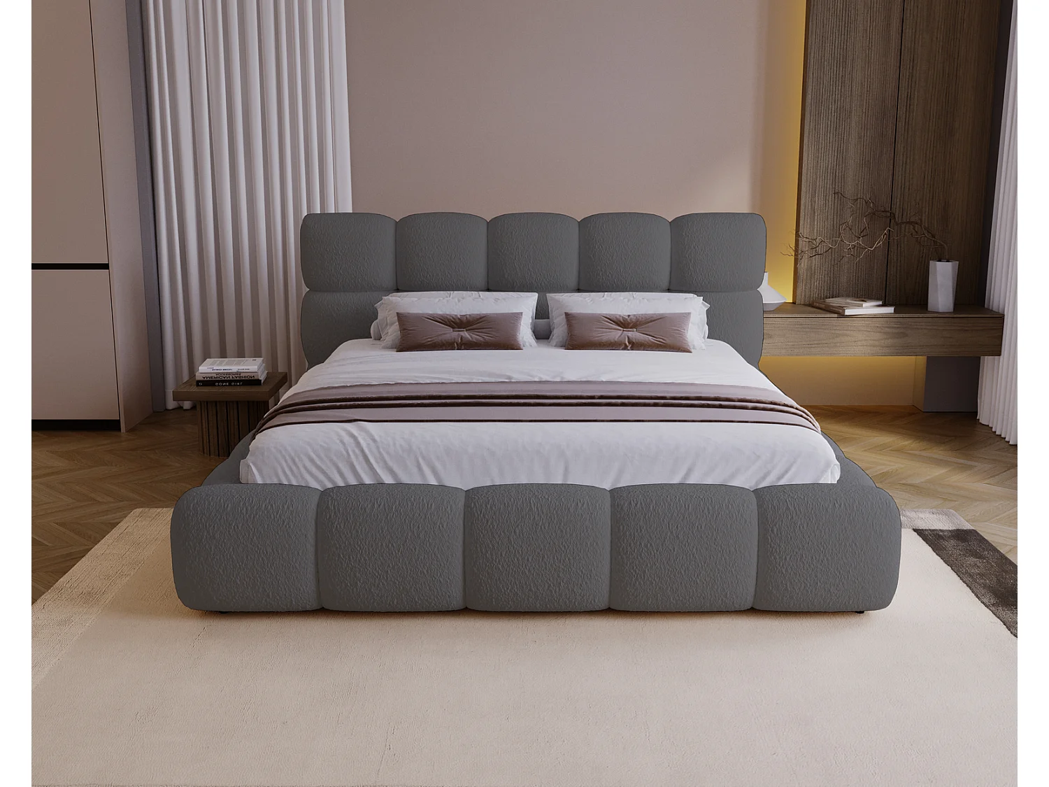 Łóżko tapicerowane z pojemnikiem 160x200 cm Ravello - stelaż metalowy, boucle - szary (Lambi 12)