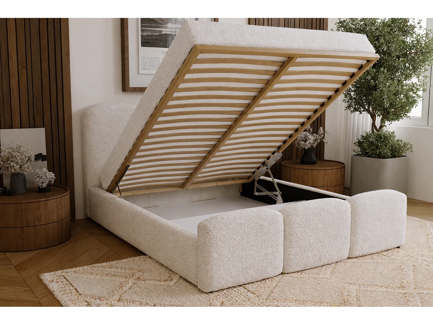Polsterbett 140x200 Capri - Doppelbett mit Bettkasten, Lattenrost - Bouclé, Creme (Lambi 1)