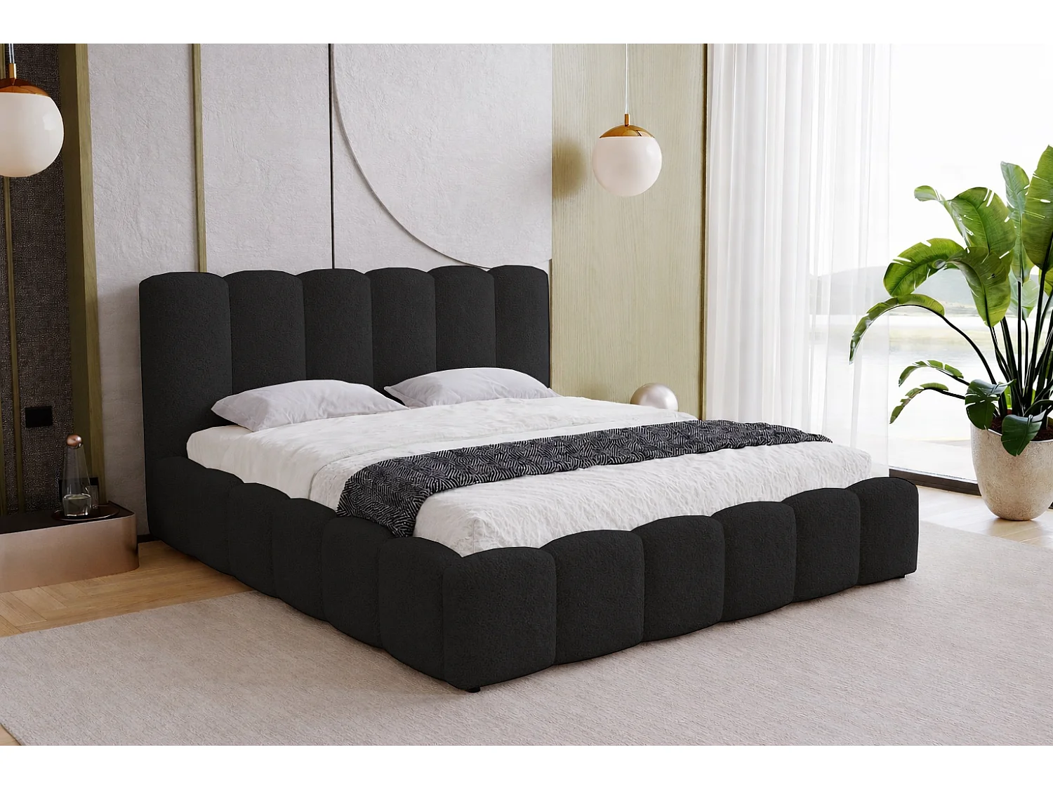 Polsterbett 200x200 Florent mit Bettkasten - Bouclé, Lattenrost, Schwarz (Lambi 13)