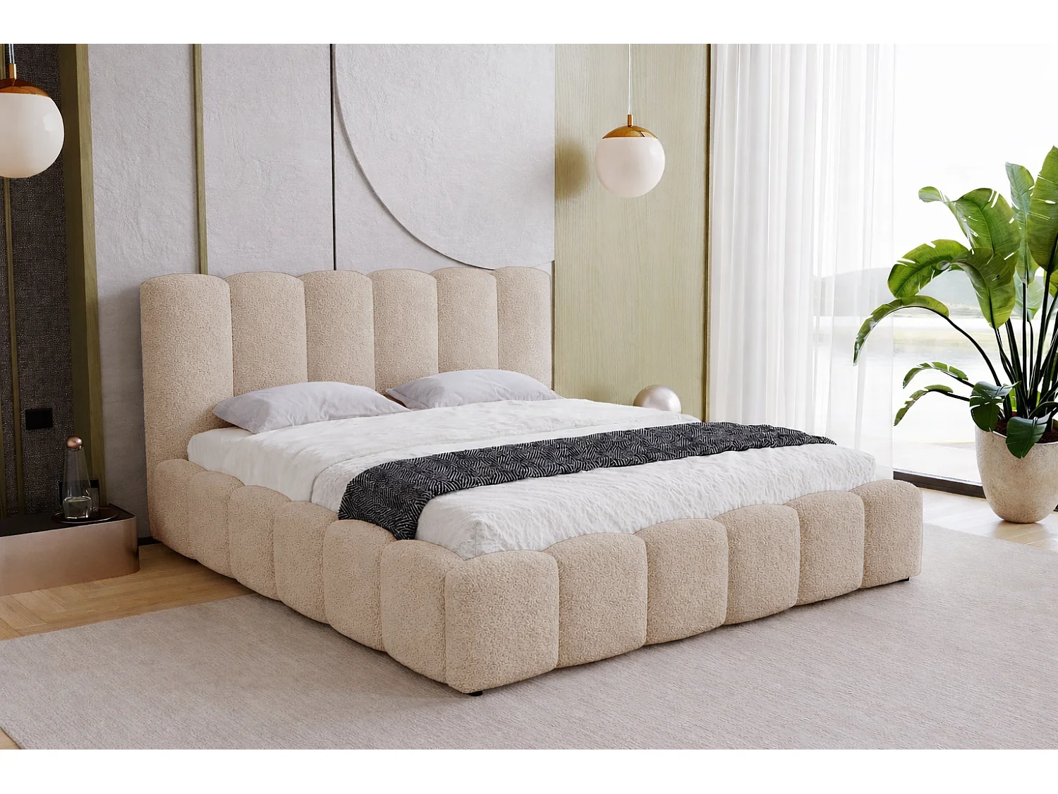 Polsterbett 180x200 Florent mit Bettkasten - Bouclé, Lattenrost, Beige (Lambi 6)