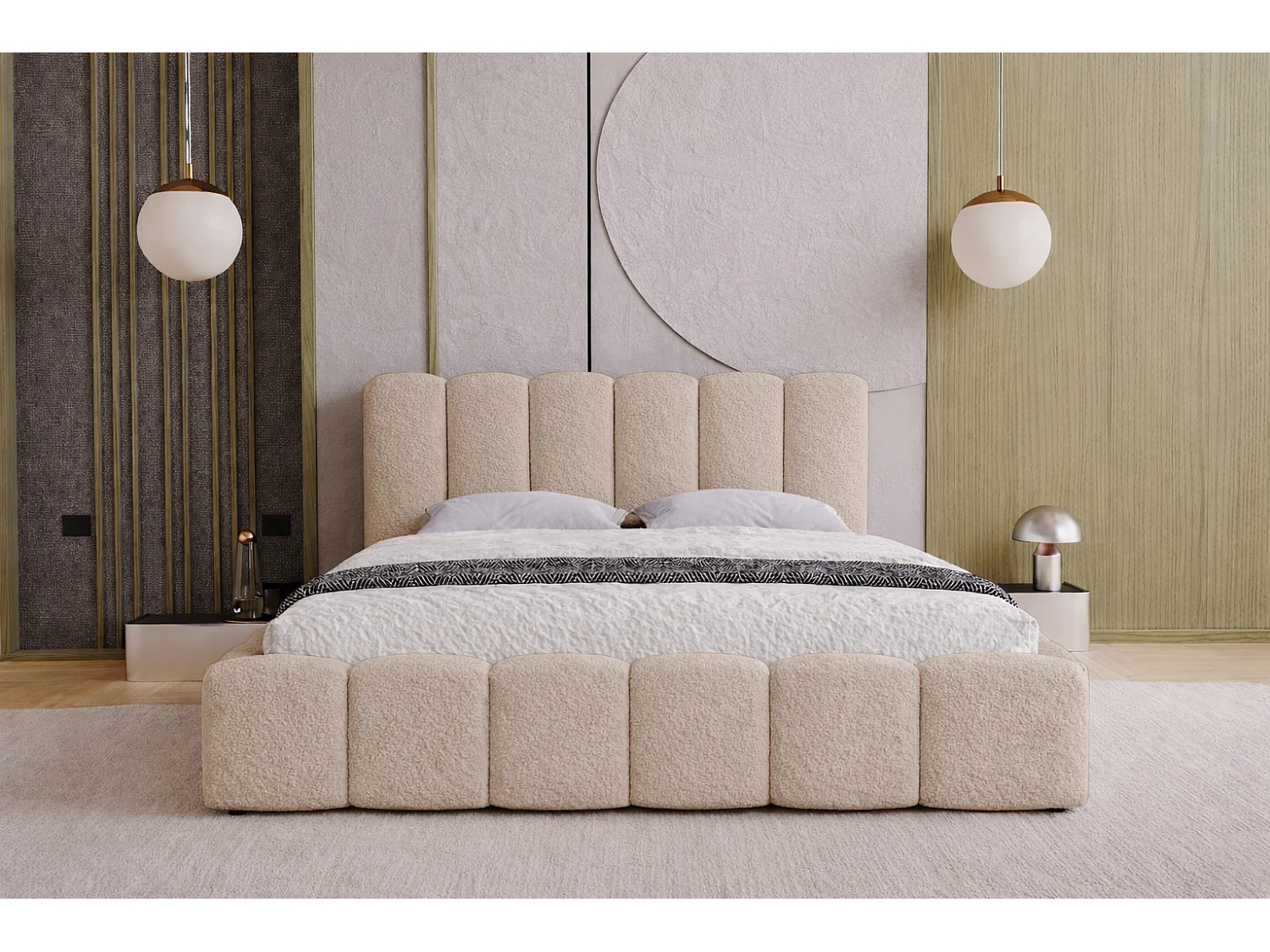 Polsterbett 180x200 Florent mit Bettkasten - Bouclé, Lattenrost, Beige (Lambi 6)