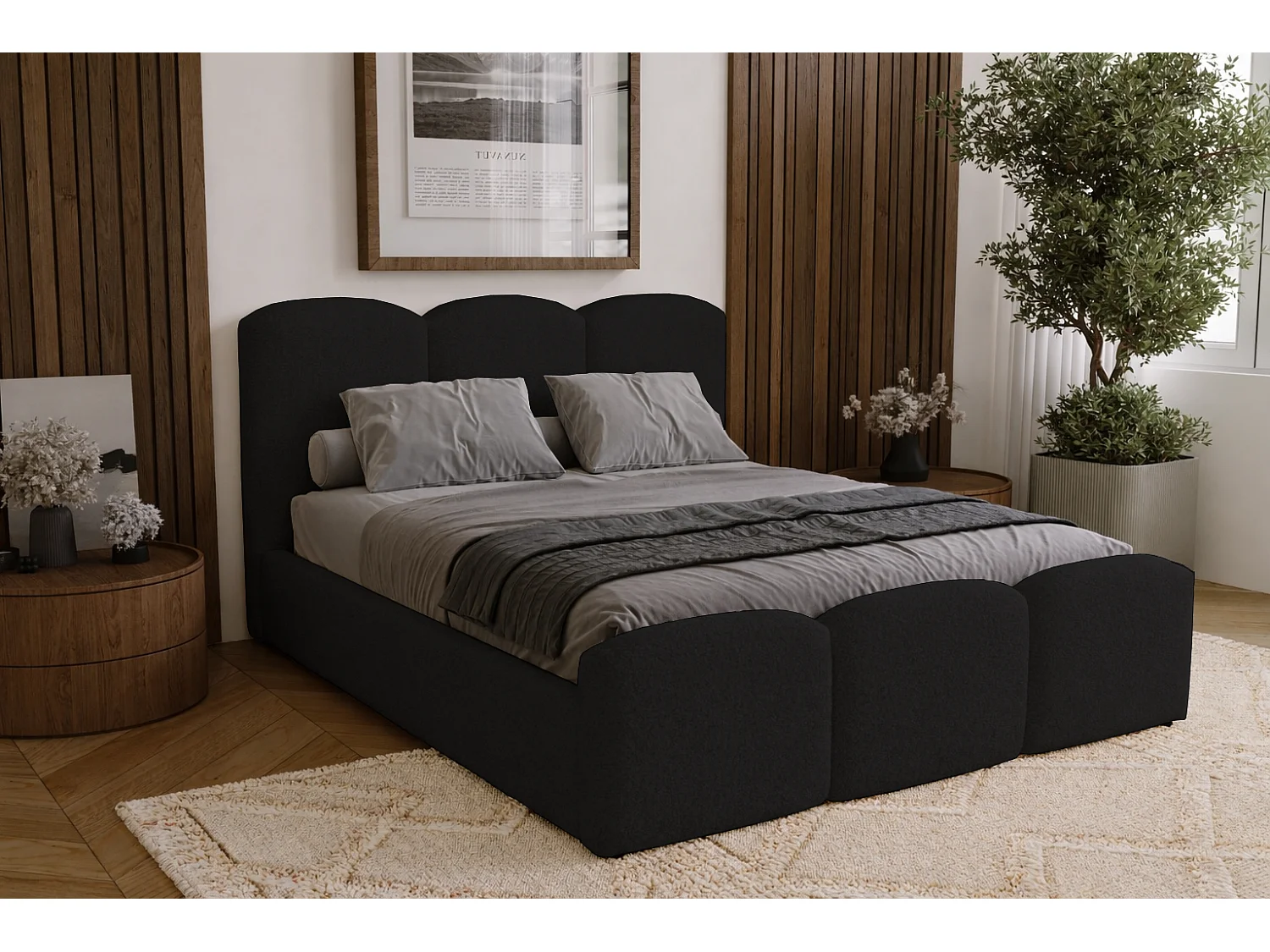 Polsterbett 180x200 Capri - Doppelbett mit Bettkasten, Lattenrost - Bouclé, Schwarz (Lambi 13)