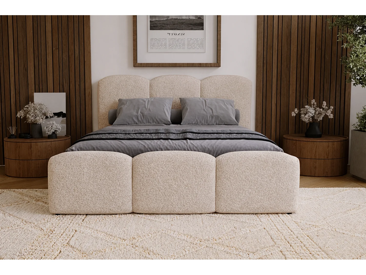 Polsterbett 140x200 Capri - Doppelbett mit Bettkasten, Lattenrost - Bouclé, Beige (Lambi 6)