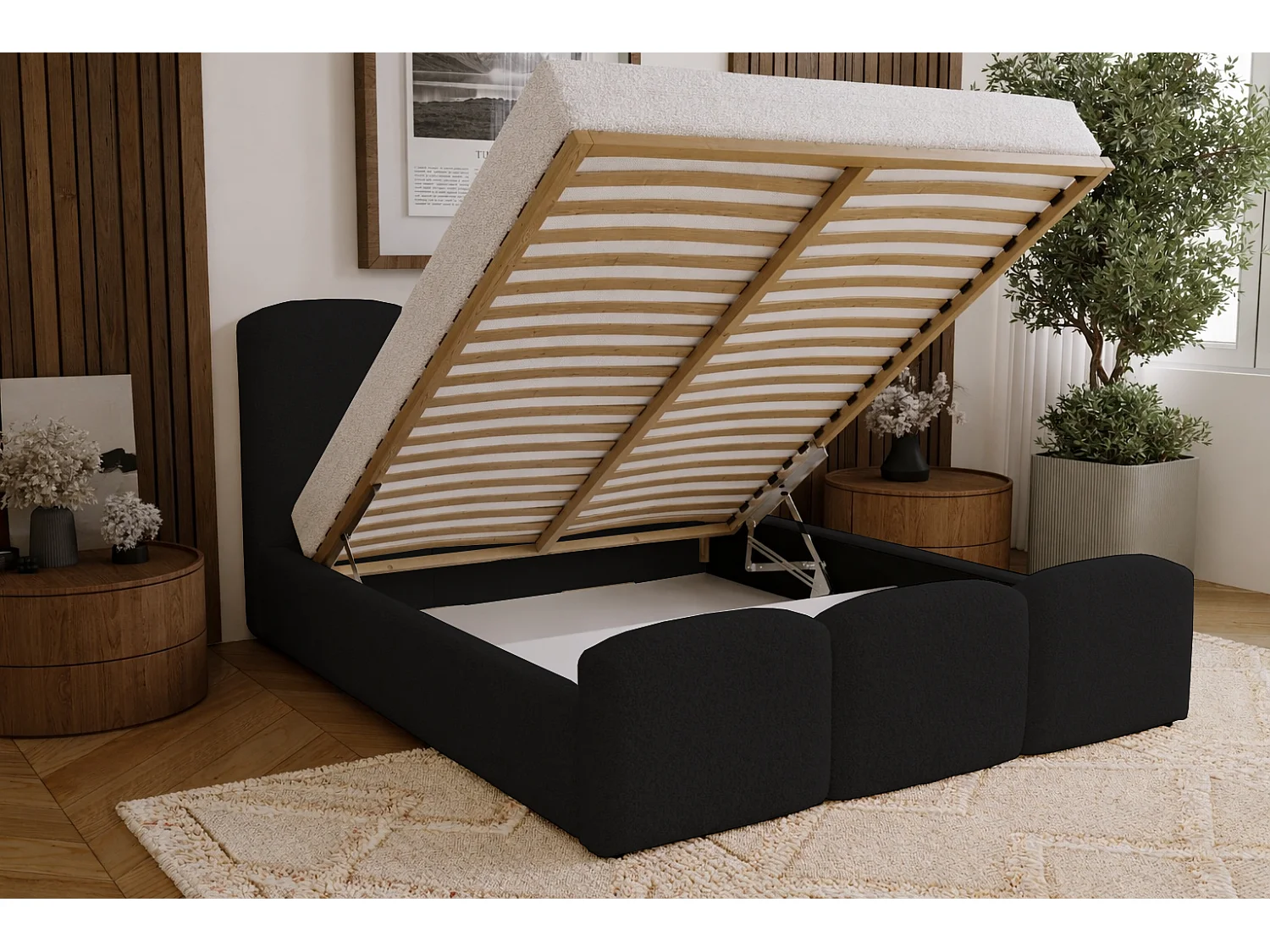 Polsterbett 160x200 Capri - Doppelbett mit Bettkasten, Lattenrost - Bouclé, Schwarz (Lambi 13)