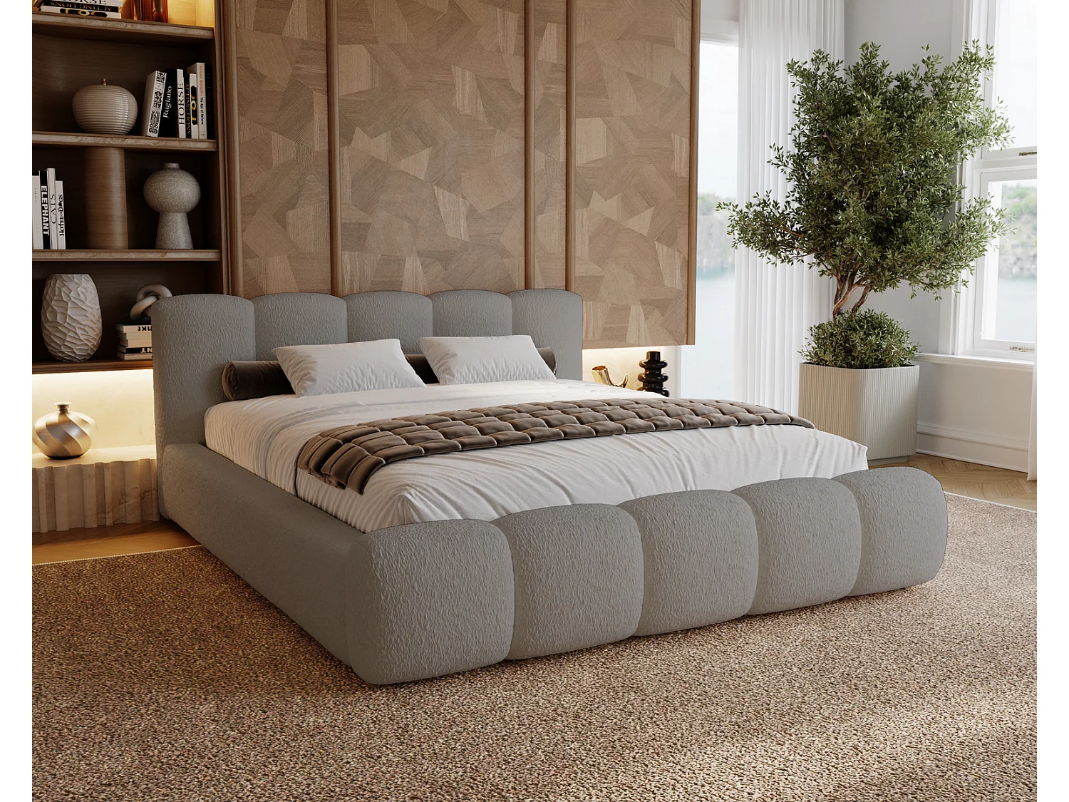 Polsterbett bouclé 140x200 Ravello - Doppelbett mit Bettkasten, Metall Lattenrost - Hellgrau (Lambi 11)