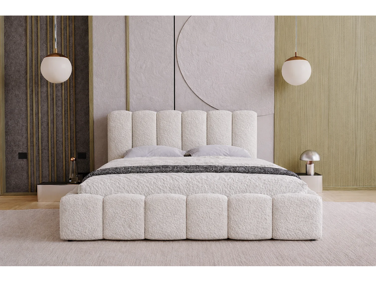 Polsterbett 160x200 Florent mit Bettkasten - Bouclé, Lattenrost, Creme (Lambi 1)