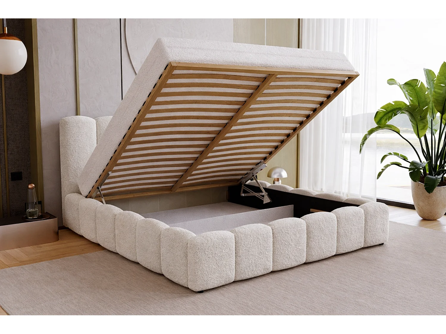 Polsterbett 160x200 Florent mit Bettkasten - Bouclé, Lattenrost, Creme (Lambi 1)