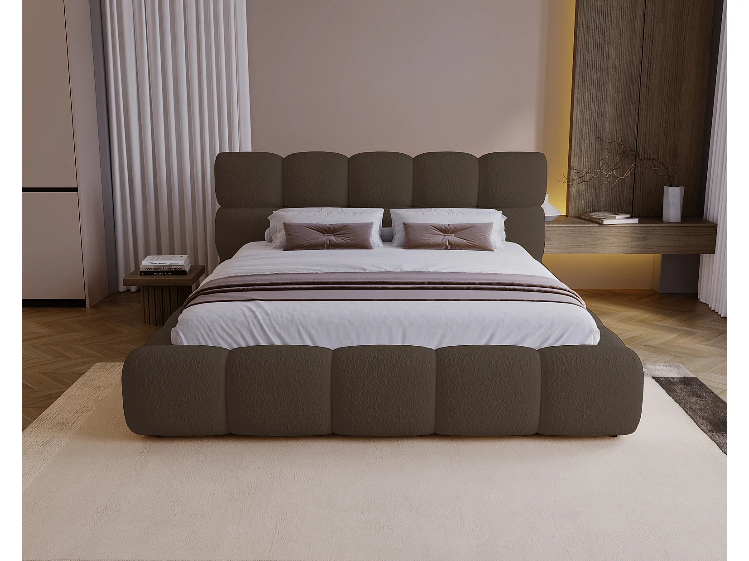 Gestoffeerd bed 200x200 Lucca - bed met opbergruimte, bouclé, metalen lattenbodem - Bruin (Lambi 4)