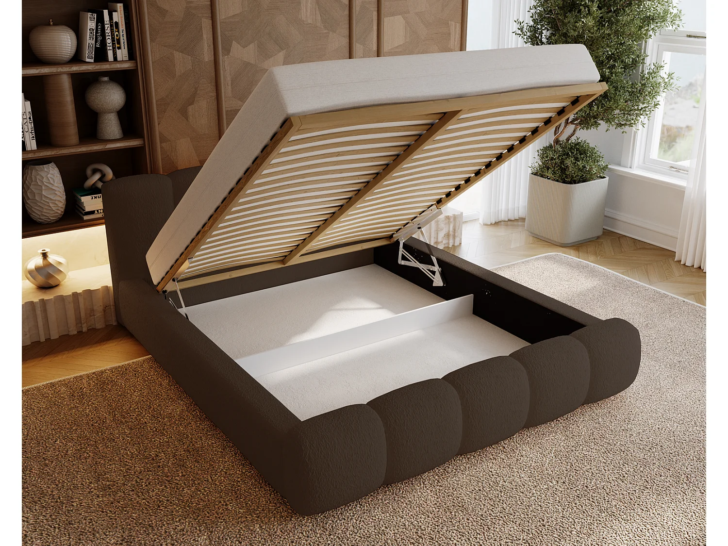 Łóżko tapicerowane 200x200 cm Ravello - łóżko z pojemnikiem, tkanina boucle brązowy (Lambi 4)