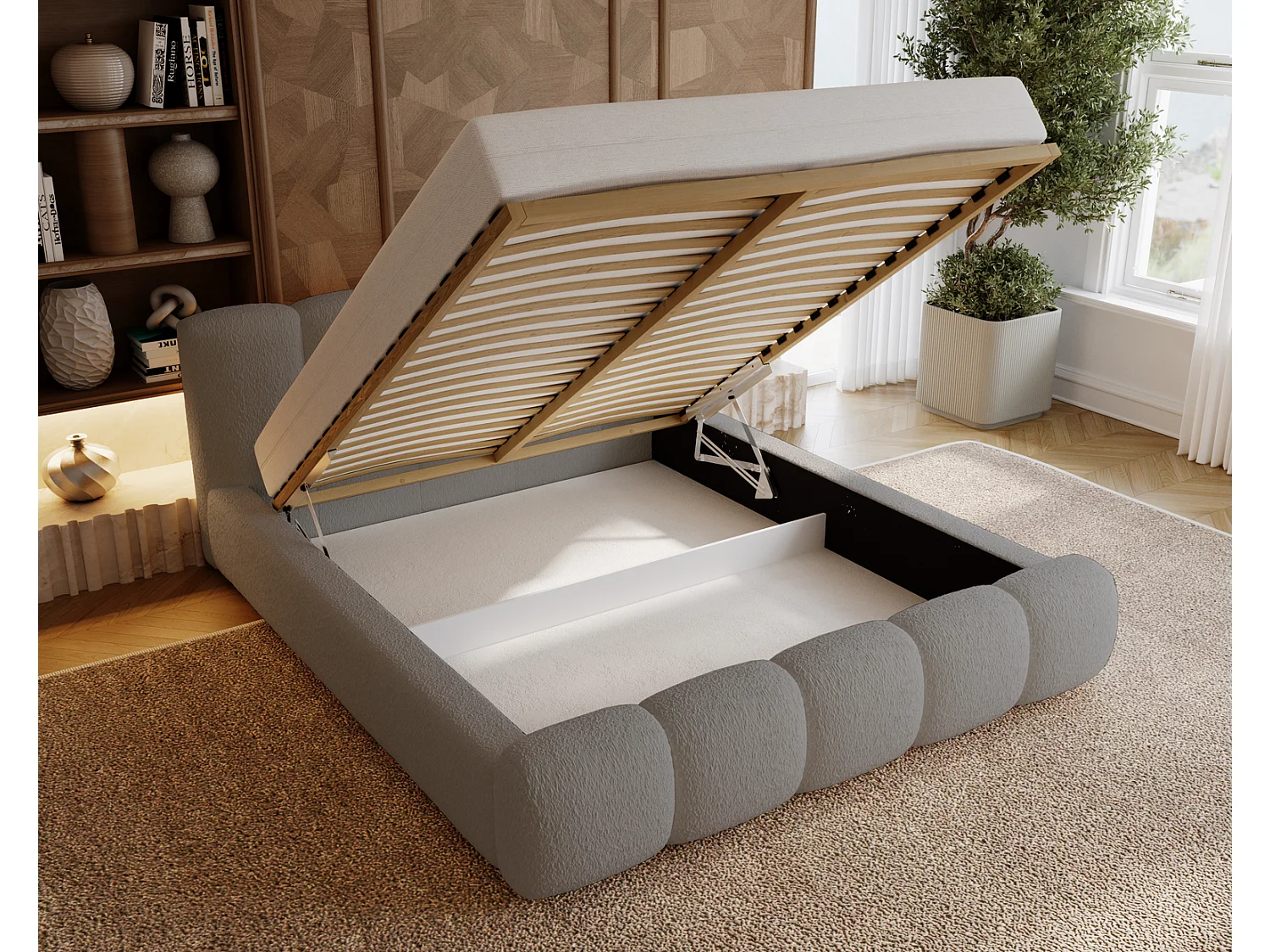 Gestoffeerd bed bouclé 200x200 Ravello met opbergruimte - Tweepersoonsbed, lattenbodem - Lichtgrijs (Lambi 11)