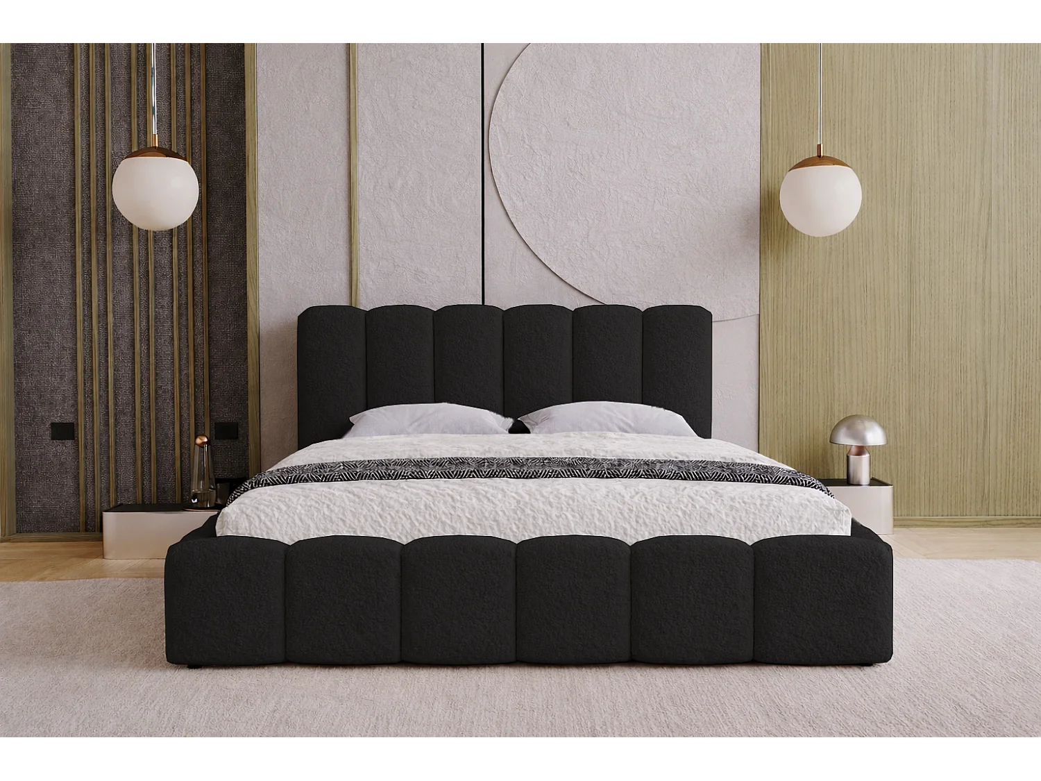 Gestoffeerd bed 140x200 Florent - Tweepersoonsbed met metalen lattenbodem, bouclé - Zwart (Lambi 13)